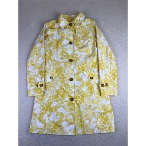 Lands' End Rain Coat Womens XS Yellow Floral Button Front Lined Spring Trench